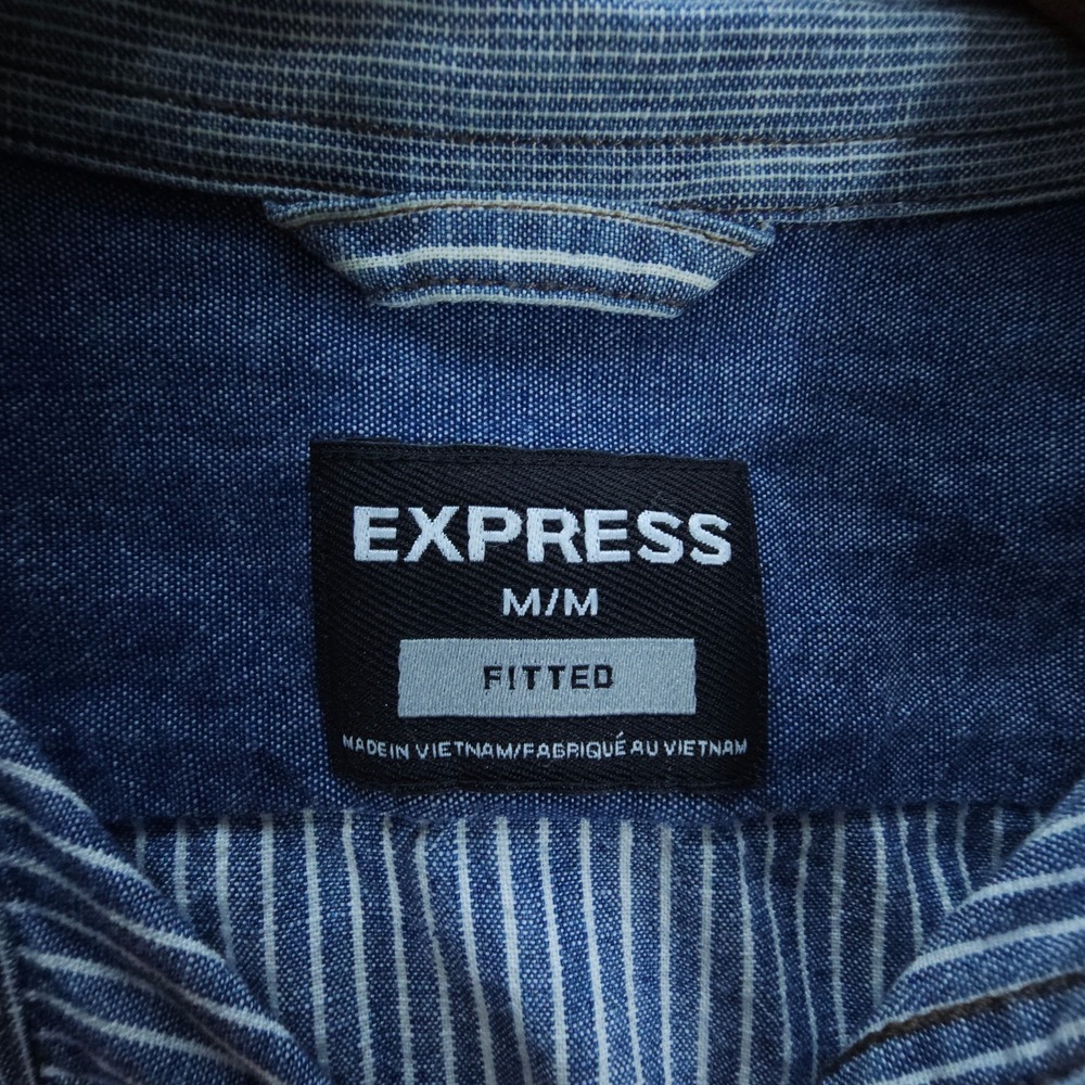 Streetwear Express Shirt Mens M Blue White Hickory Stripe Long Sleeve Fitted - Picture 6 of 7